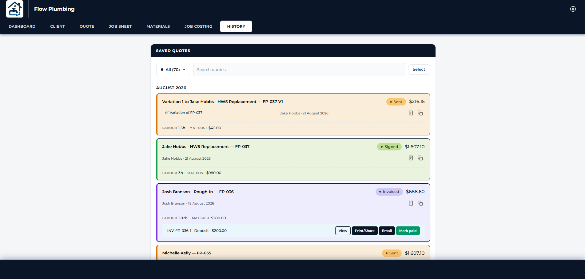 The job history for the record with status and payment position