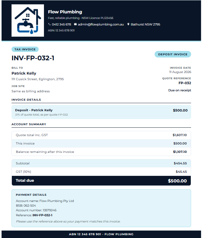 A deposit invoice raised from the same job