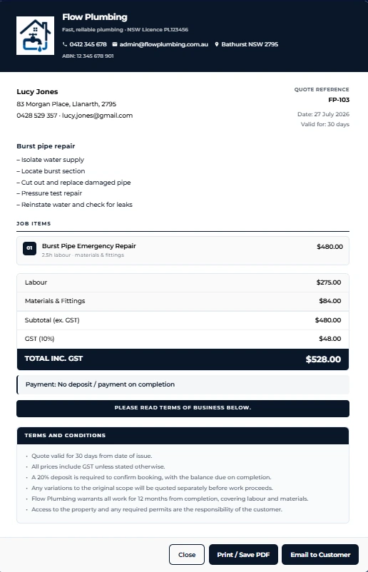 The finished customer-facing quote document produced from the same record