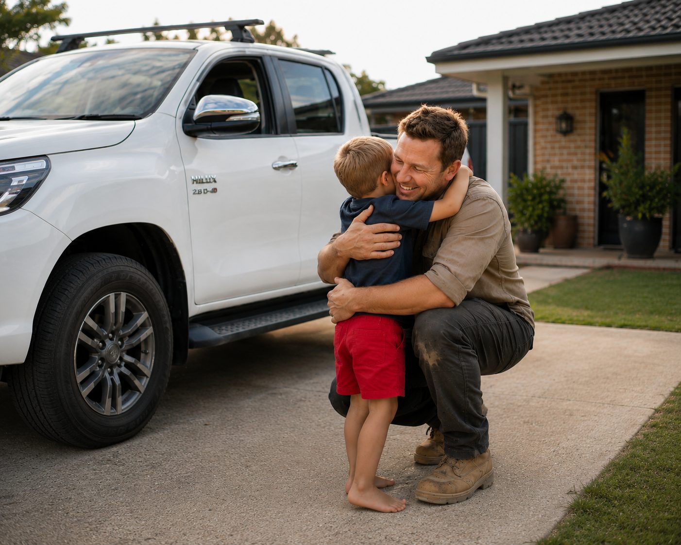 A tradie home before dinner, greeted by his son in the driveway beside the ute