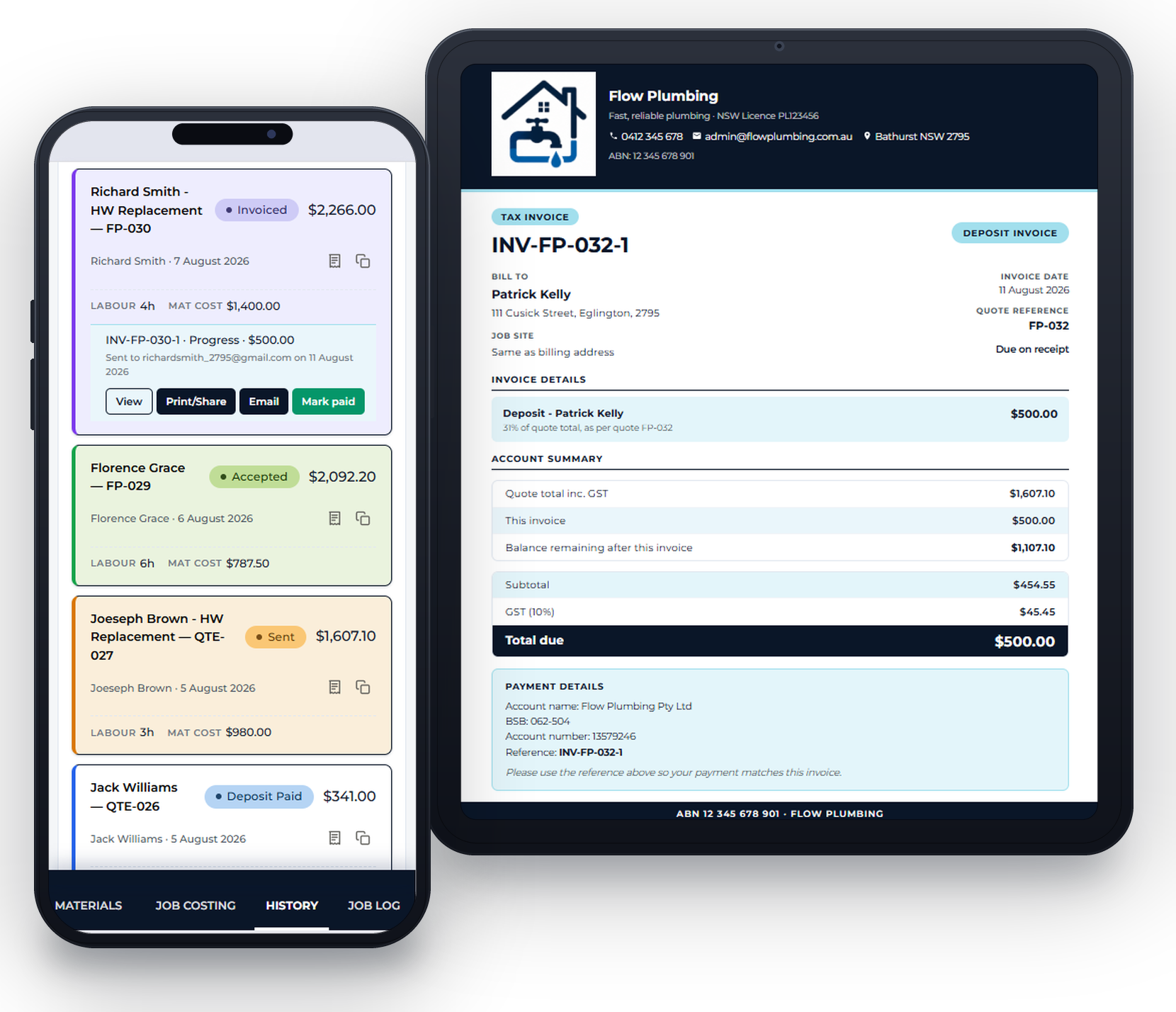 A deposit invoice on a tablet with the job history and payment position on a phone