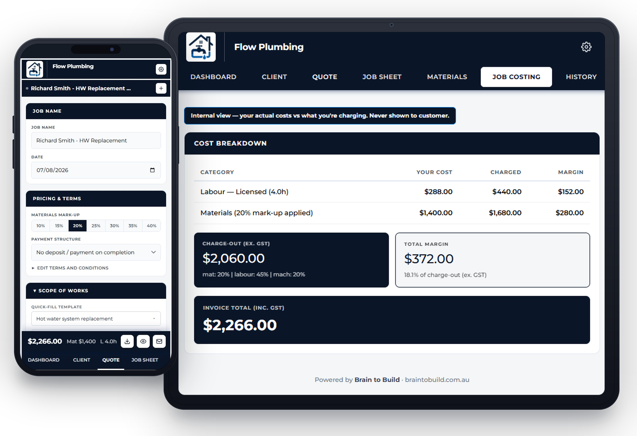 The Field Logic quote builder on a phone in front of a tablet showing the cost breakdown, with the charge-out price and margin